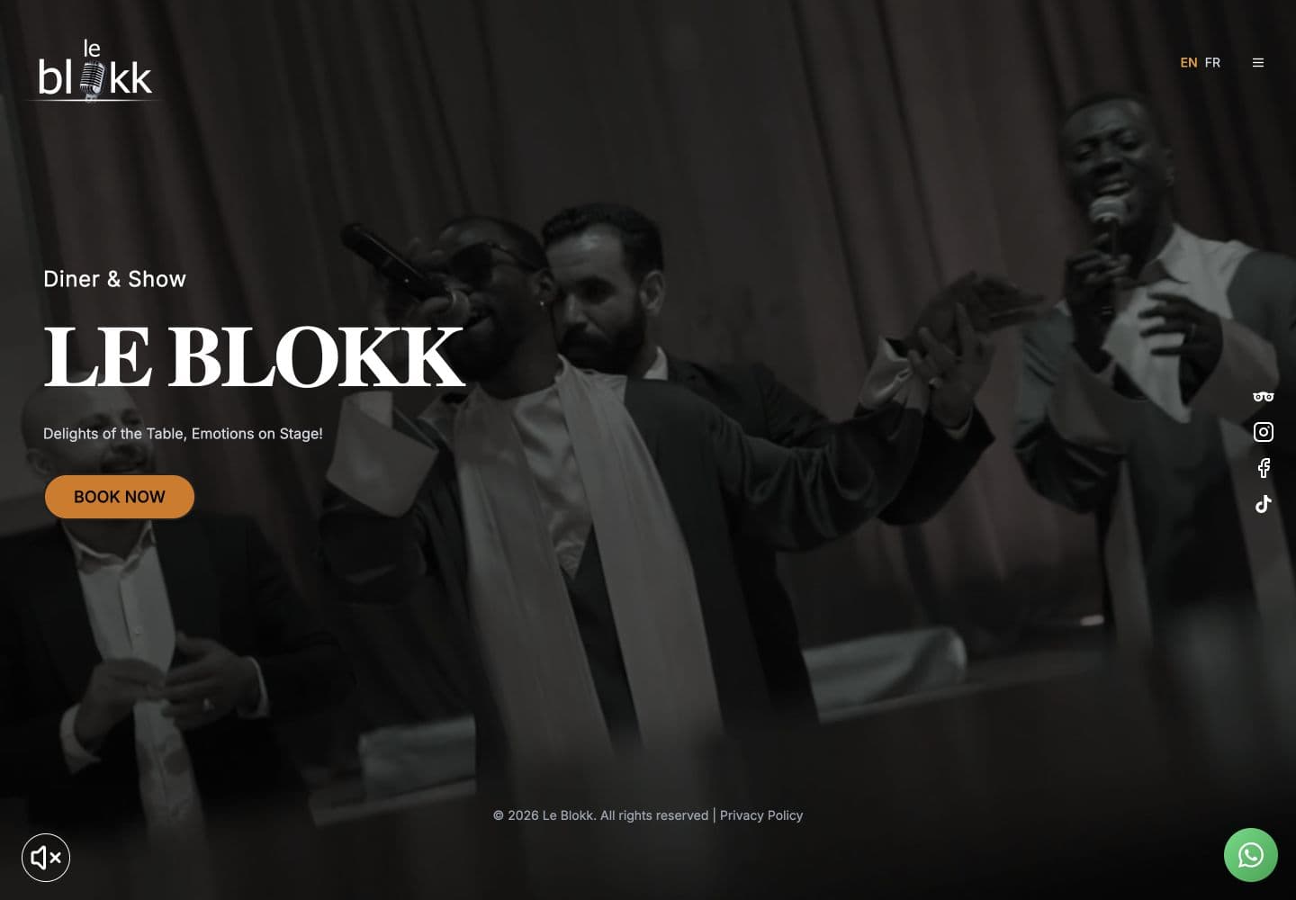 Le Blokk public homepage with restaurant branding and a Book Now button