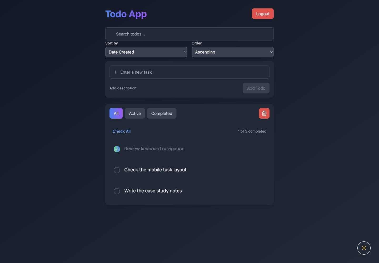 Todo task list with search, sorting, status filters, and three sample tasks